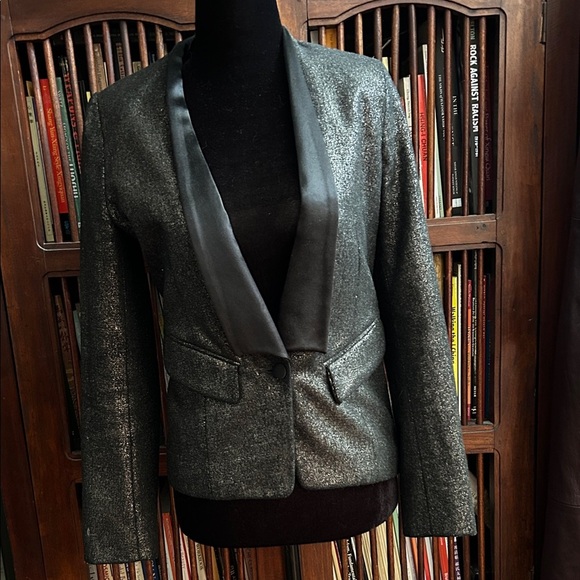 April77 French Lux Shimmering Black Metallic Women's Tuxedo Jacket, Size Small - Picture 3 of 16